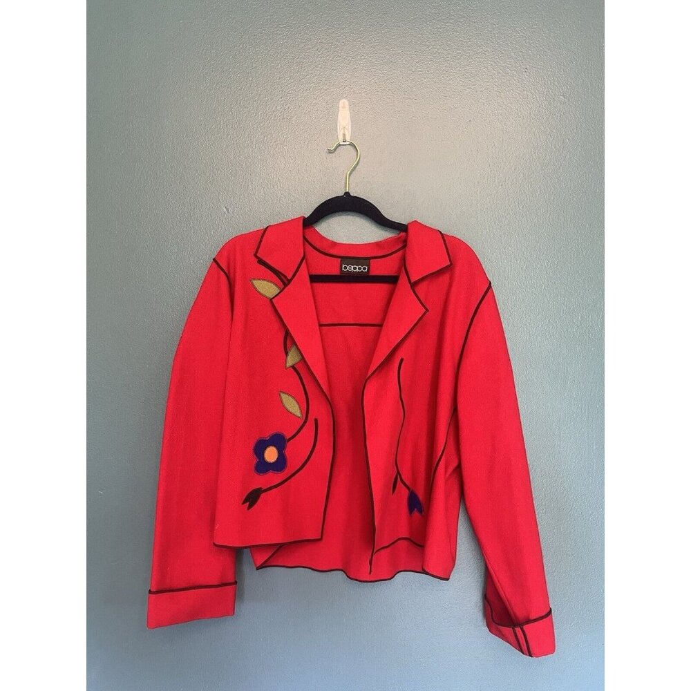 Vintage Beppa Wool Contrast Stitch Floral Jacket Sz. L.‎ Red Read Description!